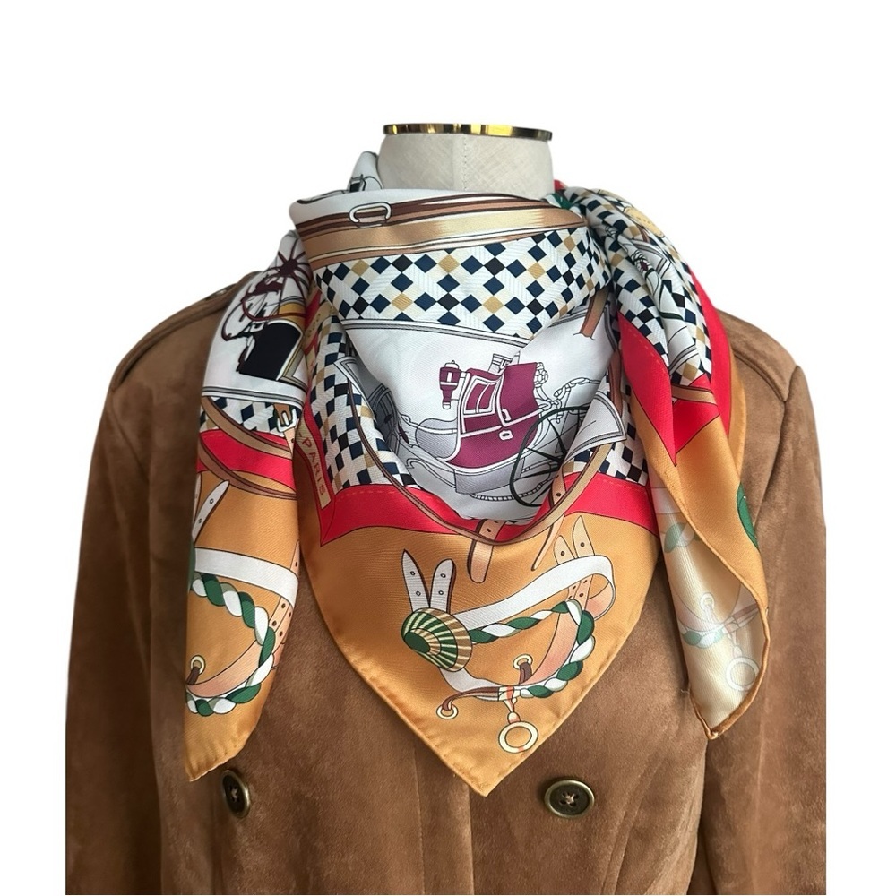 Hermès “Les Voitures Nouvelles” Silk Carré 90 Scarf Gold Brown Red Carriage